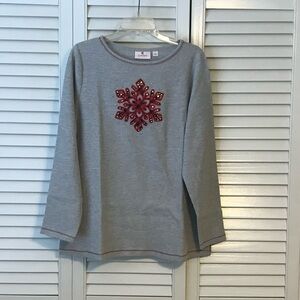 Quacker Factory Gray Top with Red Embellished Snowflake